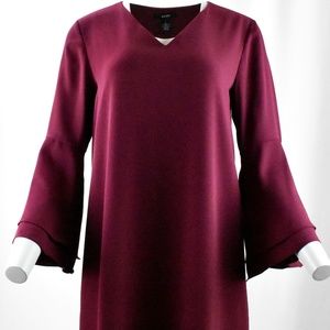 !! V-Neck Wine Red Shift Dress w/ Bell Sleeves !!